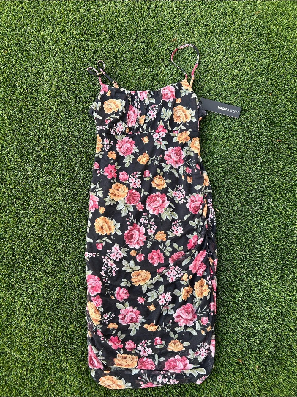 Floral Spaghetti Strap Black Mini Dress